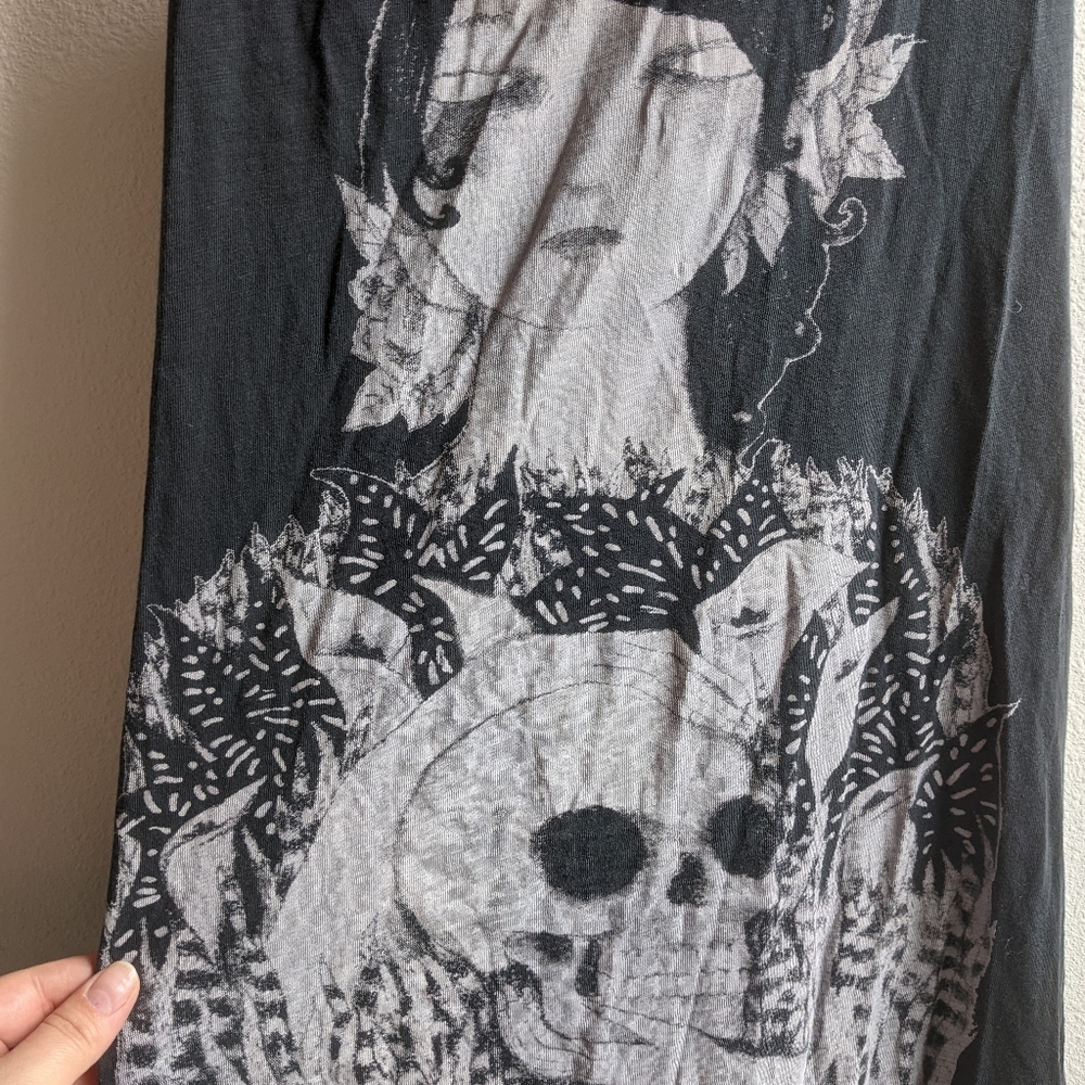 Goth, casual, summer Maxi tshirt dress very soft with woman holding skull design